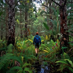traveller going through a swamp, lush vegetation, psychedelic, beautiful colors, beautiful composition, by bob ross and lisa frank and wlop