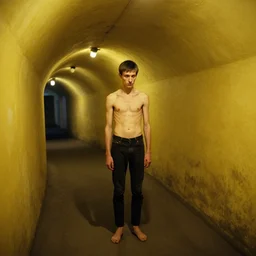 7 0 s movie still of a trypophobia skinny man with trypophobia in a yellow wall soviet tunnel, cinestill 8 0 0 t 3 5 mm eastmancolor, heavy grain, high quality, high detail