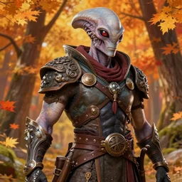 an epic fantasy comic book style portrait painting of a humanoid alien, studio ghibli, unreal 5, daz, hyperrealistic, octane render, cosplay, rpg portrait, dynamic lighting, intricate detail, harvest fall vibrancy, cinematic