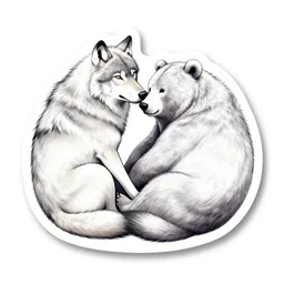 vinyl sticker of a wolf and a bear curled up in a circle, white background, hand holding, psd mock up, high quality, studio lighting