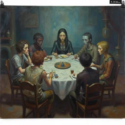 painting of a group of people sitting at a table, a detailed painting by xie huan, cgsociety, fantasy art, creepypasta, dystopian art, 2 d game art