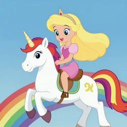 a princess with extremely long blond hair from a cartoon riding a unicorn over a rainbow render as old Disney cartoons