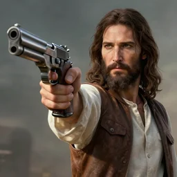 jesus with a gun, highly detailed, mega detailed,