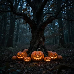 Scary dark forest, glowing pumpkins under a tree, trending on artstation, 30mm, by Noah Bradley