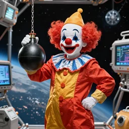 clown on a space station holding a bomb
