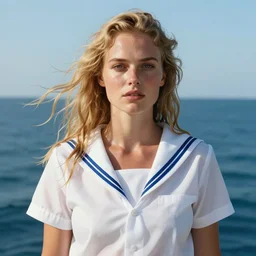 cinematic shot epic portrait an beautiful woman wearing white sailor outfift short sleeved, sweaty wet skin, wet flowing blonde hair, freckles, ocean backround, sunny, broad light, ambient occlusion, volumetric light effect, made by ivan aivazovsky, peter mohrbacher, greg rutkowski, matte painting, trending on artstation, 4 k, perfectly defined features, digital painting, cinematic, epic, highly detailed,