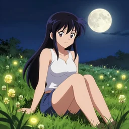 Lucy Heartfilia sitting in a field of Clover | Big Moon at Night | GLOWING FLOWERS | strong blue rimlit | visual-key | anime illustration | highly detailed | in the style of Anmi