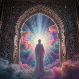 [ palate ] [ nebulous energy ] [ muted neon colors ] intricate gothic style gateway arch, paisley cloud pattern, god observing the stargate, award winning composition, vibrant neon nebulous clouds, symmetrical details, sharp focus, hyper realistic illustration, radiant light rays, photorealistic illustration, intricate and fine details, volumetric lighting,