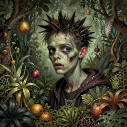 portrait of a teenage punk zombie dissolving in a field of foliage, botanicals, fruit and feathers, highly detailed, fantasy art, in the style of hieronymous bosch, cartoonish, whimsical