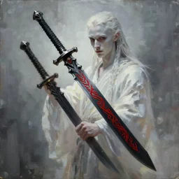 wide shot, fantasy painting of a pale man with a two-handed black blade covered in red runes, painted by Bayard Wu, ultra detailed, 8k