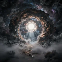mystical portal to the beyond in an infinite universe, dramatic, highly detailed, volumetric lights, ominous clouds, ground mist