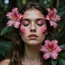 a beautiful portrait of a beautiful woman with eyes closed in the jungle surrounded by pink flowers, face paintings, matte painting, by christophe vacher