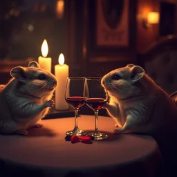 photo of a hamsters on a date, drinking red wine, at night, faded colors, candlelit restaurant table, various poses, soft light, centered, sharp focus, 8 k