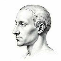 an amazingly detailed leonardo davinci sketch of a creativity amplifier worn on the head of Vitruvian man. in the style of a patent diagram