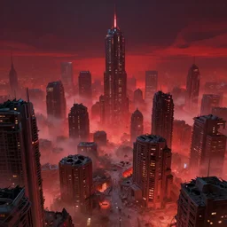 a futuristic city by night, completely destroyed after bombarding, red, mist, craters, destroyed buildings, insanely beautiful and highly detailed concept art, ultrafine highly detailed hyper colorful illustration, sharp focus, rozalski, craig mullins, federico pelat, unreal engine highly rendered, global illumination, radiant light, intricate and detailed environment, for a movie film still by terrence malick