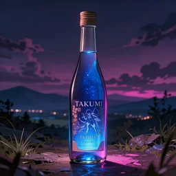 a very nice bottle full with a blue magenta glowing from the brand the main ingredient company. anime style, takumi fujiwara