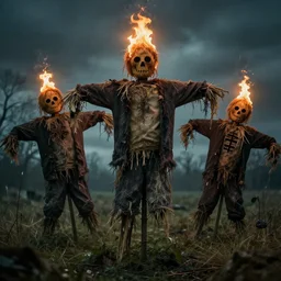 midwich cuckoos wyndham. folk horror. highly detailed. scarecrows with flames for hair