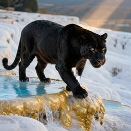 animal concept of a black panther melanistic deep black leopard walking on Pamukkale, thermal waters flowing down gold travertine terraces, royal white and blue accents, accurately portrayed, portrait art by alphonse mucha and WLOP, highly detailed, digital painting, concept art, illustration, dim lighting with twilight rays of sunlight, trending on artstation, very detailed, smooth, sharp focus, octane render, close up