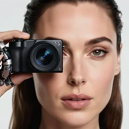 photo of Gal Gadot, close up, with a cyberpunk camera over right eye with led lights, robotic implants over face with small led lights, white background, fine art photography in the style of Bill Henson