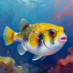 a pufferfish having a trip, vibrant colors, acrylic painting, digital art