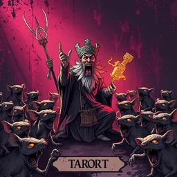 tarot card wise arrogant joyful horror massive court of infested rodents, pixiv fanbox, dramatic lighting, maximalist desaturated muted color palette, splatter paint, pixar and disney concept, graphic novel by fiona staples and dustin nguyen, peter elson alan bean wangechi mutu, clean cel shaded vector art, trending on artstation
