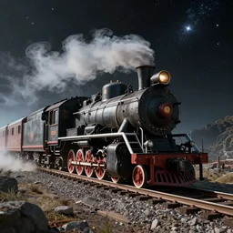 outer space scene of an old steam train just chuggin' along the best it can. ultra-wide shot, detailed, trending on artstation, light effect, 8k, unreal engine 5, epic, masterpiece, highly detailed