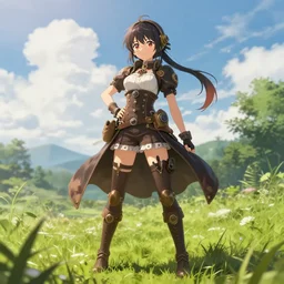 anime girl with a steam punk outfit posing, finely detailed, full body portrait, pretty, beautiful, cinematic lighting, grass, sky, clouds, sunny, lush, anime,