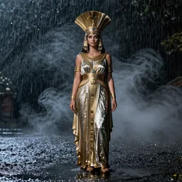 photograph of Cleopatra on the rain, night, smoke, shadows,