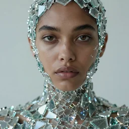 a close - up shot of a brown woman wearing a shimmering armor made of broken glass shards. soft lighting. fragile. piercing eyes!! coherent face!! no makeup!! l layered. textured. shimmering. by ray caesar. by louise dahl - wolfe. by andrea kowch. surreal photography