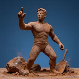 highly detailed photography of a strong men made of rust clay, big rocks, hand gesture, sharp focus, dust particles, dirt, wet, dramatic scene, aesthetic, dynamic lighting, elegant, harmony, masterpiece, by roberto ferri, blue background, high quality, spatula