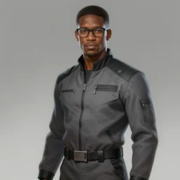 Portrait of a man by Greg Rutkowski, he is about 30 years old, black, wears glasses with frame, short hair, manly, attractive, smart looking, tall and slim, he is wearing a utilitarian gray and black jumpsuit, highly detailed portrait, scifi, digital painting, artstation, concept art, smooth, sharp foccus ilustration, Artstation HQ