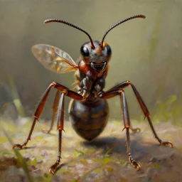 A detailed intricate painting of an anthropomorphic ant queen standing on her hind legs with large legs looking forward,  formian pathfinder,  digital art 4k,  Wayne Barlowe Greg Rutkowski