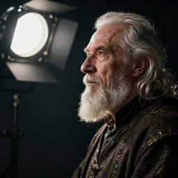 portrait of an old, medieval alchemist in the dark, side profile, he is looking into the distance thoughtfully!!. studio lighting bright ambient lighting key light, fantasy, detailed, photorealistic portrait by michael komarck, greg rutkowski, victo ngai, artgerm and j. dickenson