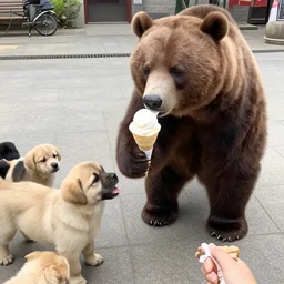 a cool bear handing ice cream out to needy puppies