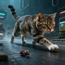 🐈 a big cat chases down × a live mouse! by mark ryden in cyberpunk environment, 4 k ultra high resolution, horror, long camera shot