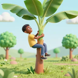 nigerian young man climbing a banana tree 3 d art shot taking from the ground looking up