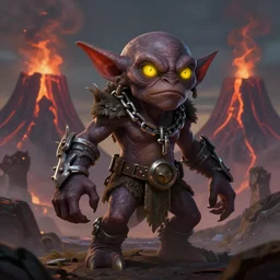 a highly detailed goblin with dark skin and yellow eyes that glow, Like magic the gathering, goblin chainwalker, with a volcano in the background, digital art, by Christopher rush