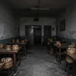 dull, abandoned photograph, desaturated, dim sum interior, two-point perspective