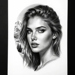 tattoo design sketch of a very beautiful woman face against a background of beautiful mountains and nature, hyper - realistic, in the style of den yakovlev, amazing detail, black and white