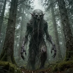 creepy eldritch monster in a swedish forest, very low angle photograph, very detailed, trending on artstation, realistic, soft colors, simon stalenhag, lovecraft, horror