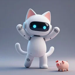product photo of a futuristic introverted shy cute robot pet cat, asymmetric flowing dancing pose minimalistic cute, by artgerm and greg rutkowski and marc newson and zaha hadid, alphonse mucha, samsung apple webcam, matte glossy materials, neon, otter puppy pig. three quarter view, volumetric light, detailed, octane render, midsommar