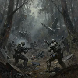 grim oil painting of weaponized futuristic battlefield in a destroyed forest, magali villeneuve, trending on artstation