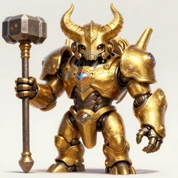 a highly detailed illustration of gentle mighty colossal golden fighting horned mechanical steampunk titan with a hammer hand, with cute doting eyes, intricate, elegant, highly detailed, centered, digital painting, artstation, concept art, smooth, sharp focus, league of legends concept art, wlop.
