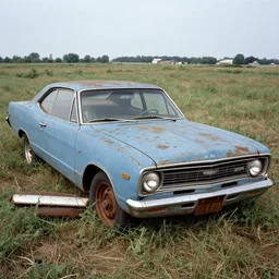 A long shot photograph of a rusty, worn out, broken down, decrepit, run down, dingy, faded, chipped paint, tattered, beater 1976 Denim Blue Dodge Aspen in a farm field, photo taken in 1989