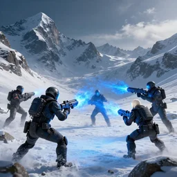 sci - fi battle in the snowy mountains, blue plasma based weaponry
