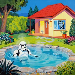 hyperrealism composition of the asian home with a garden, stormtrooper in hot springs, pop - art style, jacky tsai style, andy warhol style, roy lichtenstein, acrylic on canvas