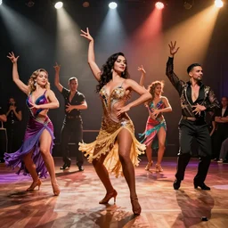 latin dance band in the style of natalia agatte and jennifer dahbura and derek abella. lively. colorful. hd.