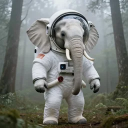 giant elephant wearing white american spacesuit with oversized giant helmet as astronaut animal, in the woods, foggy mood, overcast bokeh, cctv - c 6