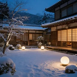 a snowy japanese courtyard at night illuminated by globe lamps