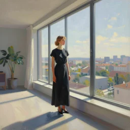 ingrid grudke, woman standing next to modern window in luxury loft, surreal photography, sunlight, impressionist painting, digital painting, artstation, simon stalenhag